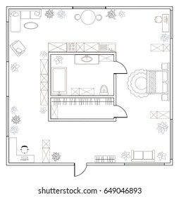 Abstract vector plan of one-bedroom studio apartment, with kitchen, bathroom, laundry room, bedroom, living room, dining room. EPS8