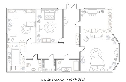 Abstract vector plan of three-bedroom apartment, with kitchen, bathroom, children's room, bedroom, living room, dining room, library. EPS8