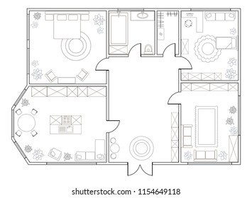 Abstract vector plan of two-bedroom apartment, with kitchen, bathroom,  bedroom, living room, dining room, library. EPS8