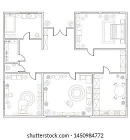 Abstract vector plan of two-bedroom apartment, with kitchen, bathroom,  bedroom, living room, dining room, library. EPS8