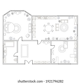 Resumen de plano vectorial de dos dormitorios, con cocina, baño, dormitorio, salón, comedor, biblioteca. EPS8