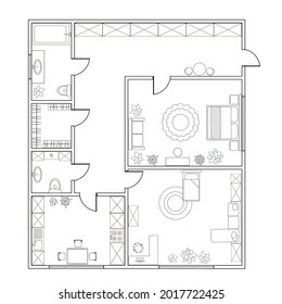 Resumen de plano vectorial de dos dormitorios, con cocina, baño, dormitorio, salón. EPS8