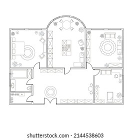 Abstract vector plan of two-bedroom apartment, with kitchen, bathroom, bedroom, living room. Vector illustration EPS8