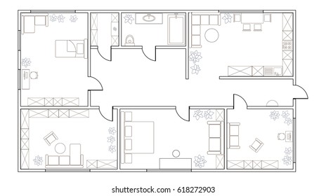 Abstract vector plan of two-bedroom apartment, with kitchen, bathroom, children's room, bedroom, living room, dining room, library