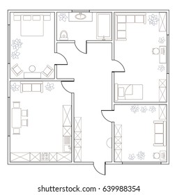 Abstract vector plan of two-bedroom apartment, with kitchen, bathroom, children's room, bedroom, living room, dining room, library. EPS8