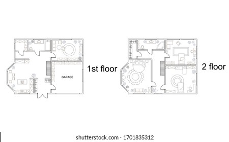 Abstract vector plan of two-story house with four rooms, kitchen and garage. Cottage or townhouse plan with furniture. Three-bedrooms apartment. Isolated on white background. EPS8