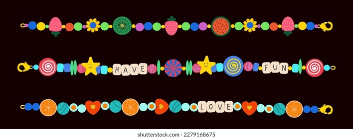 Abstract vector plastic beads colorful kids bracelets illustration set. Love and friendship old school 90s cartoon style wristbands collection. Isolated
