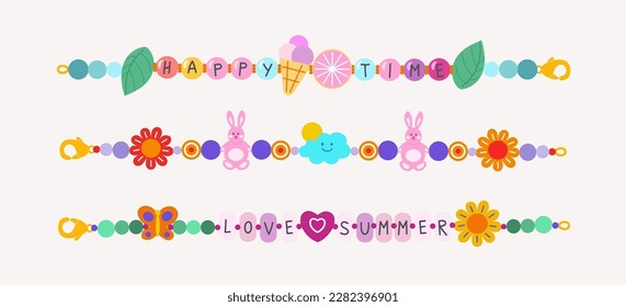 Abstract vector plastic beads colorful kids bracelets illustration set. Happy time love summer and friendship old school 90s cartoon style wristbands collection with icecream and bunnies. Isolated