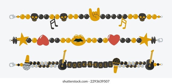 Resumen de cuentas de plástico vectoriales coloridas pulseras para niños conjunto de ilustración. Rock NRoll colección de bandas de pulsera estilo de la vieja escuela 90 con guitarras, micrófono, estrellas y símbolos de cuernos del diablo. Aislado