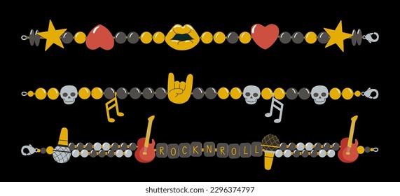 Abstrakte Vektorplastikperlen bunt gekleidete Kinder Armbänder, die Illustrationsset. Rock N Roll Old School 90s Cartoon Stil Armbanduhr Sammlung mit Gitarren, Mikrofon, Sterne und Teufel Hörner Symbole. isoliert