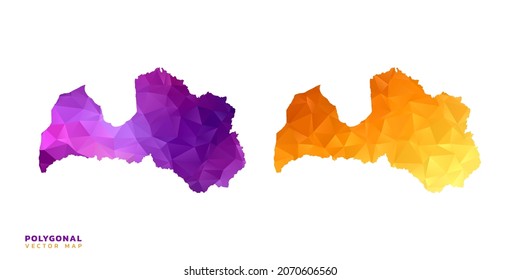 Abstract vector polygon set couple of map Latvia color orange and purple.