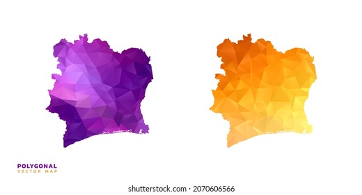 Abstract vector polygon set couple of map Ivory Coast color orange and purple.