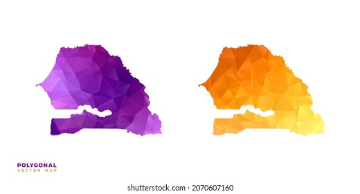 Abstract vector polygon set couple of map Senegal color orange and purple.