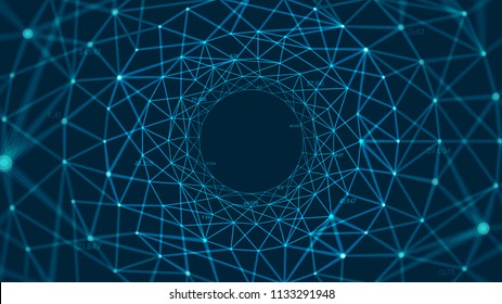 Abstract vector polygonal background with connected lines and dots forming a circle svg