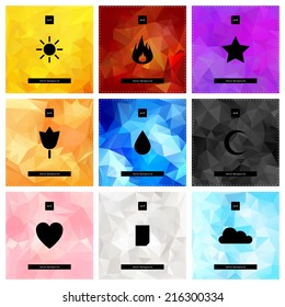 Abstract vector polygonal background set. The vector illustration pattern for ui, web games, tablets, wallpapers, and patterns. Yellow, red, violet, orange, blue, black, pink, white, light blue.