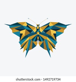 Abstract vector polygonal butterfly isolated on multi color. Low poly insect illustration. Animal image on triangular shape.