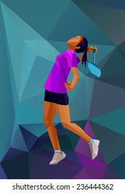 Abstract vector polygonal style professional girl badminton player on geometric low poly background. Children sport, badminton for children and youth