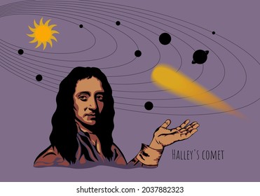 Abstract Vector Portrait Of An English Astronomer, Physicist, Mathematician And Meteorologist.  Face Of A Scientist, Hand On A Purple Background. Anniversary Of Edmond Halley. Solar System And Comet.