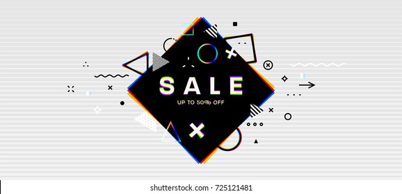 Abstract vector poster with 3d anaglyph and holographic effect elements. 80s party retro placard style.
