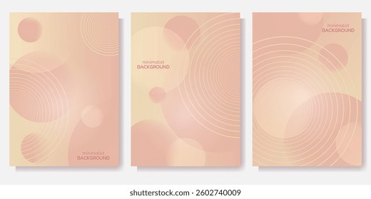 Abstract vector poster background set with cyclic circles in peach tones. Minimalist cover template with bright perspective of wave circles in motion. Perfect design for social media. Vector image.