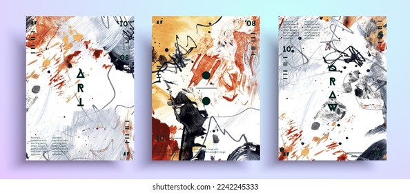 Abstraktes Vektorplakat, Sammlung moderner Kunstüberzüge. Zeitgenössische Kunstmalerei mit Acrylmarkierungen, Aquarellstreifen und Schmutzspritzer. Fragment von Kunstwerken. Künstlerischer Hintergrund.
