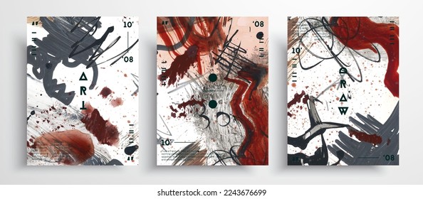 Abstract vector poster, collection of modern art covers. Contemporary art painting with acrylic markers, watercolor streaks and splatter paint. Fragment of artwork. Artistic background.