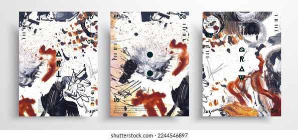 Abstract vector poster, collection of modern art covers. Contemporary art painting with acrylic markers, watercolor streaks and splatter paint. Fragment of artwork. Artistic background.