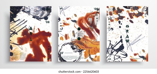 Abstract vector poster, collection of modern art covers. Contemporary art painting with acrylic markers, watercolor streaks and splatter paint. Fragment of artwork. Artistic background.