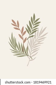 Abstract vector poster with greenery, branches and leaves. Contemporary art. Botanical artwork in modern style in warm colors. Summer vibes. Perfect for print, poster, social media, cards, ig stories