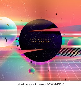 Abstract vector poster with liquid bubbles and memphis elements. 80s party retro placard style.