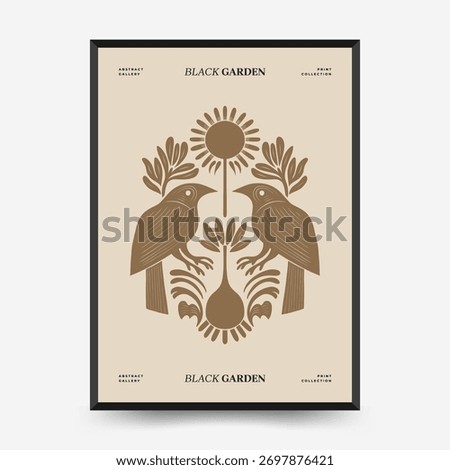 Abstract vector poster with mirrored birds, blooming flowers and botanical symmetry in minimalist composition