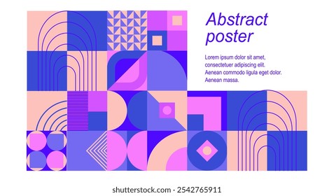 Abstract vector poster in neo geo style with many different shapes and colors with a bright blue pink background. The poster aims to convey a sense of creativity and imagination.