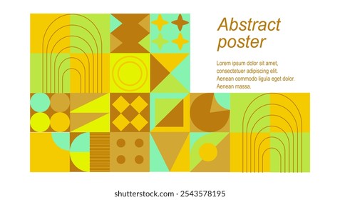 Abstract vector poster in neo geo style with many different shapes and colors with a bright yellow green background. The poster aims to convey a sense of creativity and imagination.