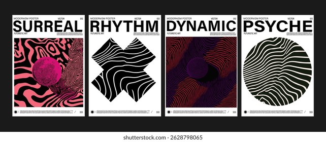 Abstract vector poster set with bold lines, optical illusion patterns, vibrant colors, and modernist typography for a striking, futuristic artistic effect. Perfect for contemporary design projects.