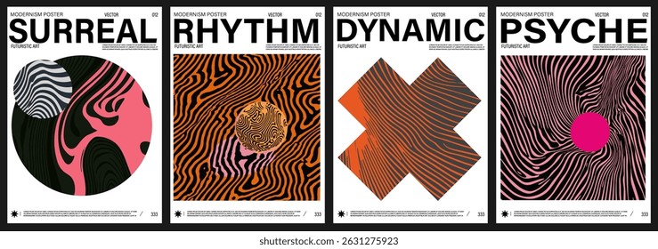 Abstract vector poster set with bold lines, optical illusion patterns, vibrant colors, and modernist typography for a striking, futuristic artistic effect. Perfect for contemporary design projects.