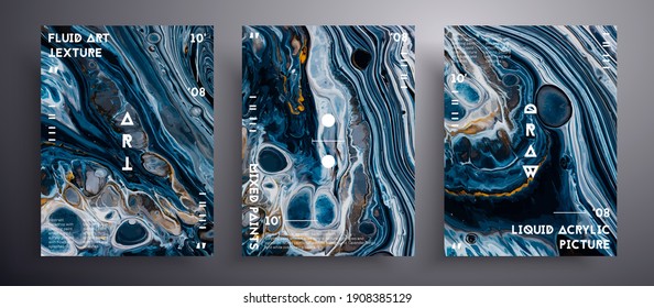 Afiche de vector abstracto, conjunto de cubiertas de arte fluido de diseño moderno. fondo de moda que se puede usar para la cubierta de diseño, afiche, folleto y etc. Arte iridiscente creativo negro, azul marino y dorado.