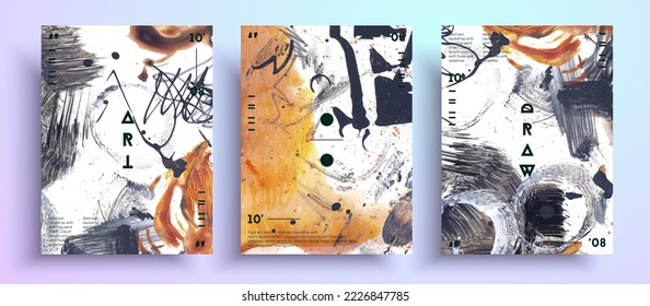 Abstract vector poster, set of modern design art covers. Contemporary expressionism with brushstrokes of paint, stains and pencil strokes. Can be used as background, wall print or poster.