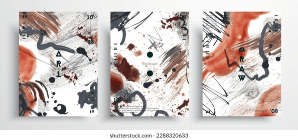 Abstract vector poster, set of modern design art covers. Contemporary expressionism with brushstrokes of paint, stains and pencil strokes. Can be used as background, wall print or poster.
