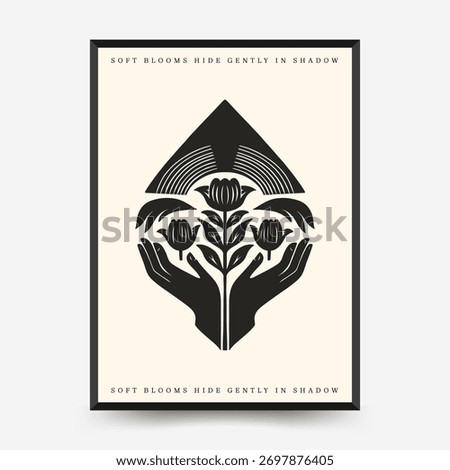 Abstract vector poster with stylized hands, blooming flowers and radiant triangular beam