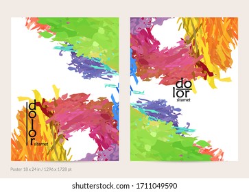 Abstract vector poster template with colorful feather layered shapes. Bright multicolored dimensional background. Brush stroke watercolor digital paint imitation. Rainbow scribble artistic card.