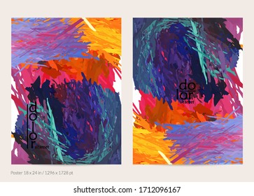 Abstract vector poster template with colorful feather layered shapes. Bright multicolored dimensional background. Brush stroke watercolor digital paint imitation. Rainbow scribble artistic card.