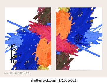 Abstract vector poster template with colorful feather layered shapes. Bright multicolored dimensional background. Brush stroke watercolor digital paint imitation. Rainbow scribble artistic card.