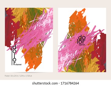 Abstract vector poster template with colorful feather layered shapes. Bright multicolored dimensional background. Brush stroke watercolor digital paint imitation. Rainbow scribble artistic card.