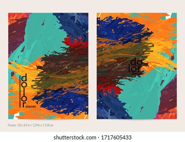 Abstract vector poster template with colorful feather layered shapes. Bright multicolored dimensional background. Brush stroke watercolor digital paint imitation. Rainbow scribble artistic card.