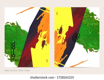 Abstract vector poster template with colorful feather layered shapes. Bright multicolored dimensional background. Brush stroke watercolor digital paint imitation. Rainbow scribble artistic card.