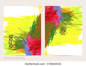 Abstract vector poster template with colorful feather layered shapes. Bright multicolored dimensional background. Brush stroke watercolor digital paint imitation. Rainbow scribble artistic card.