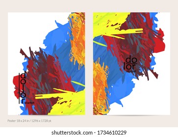Abstract vector poster template with colorful feather layered shapes. Bright multicolored dimensional background. Brush stroke watercolor digital paint imitation. Rainbow scribble artistic card.