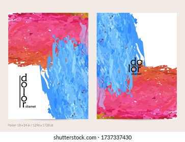 Abstract vector poster template with colorful feather layered shapes. Bright multicolored dimensional background. Brush stroke watercolor digital paint imitation. Rainbow scribble artistic card.