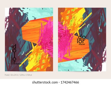 Abstract vector poster template with colorful feather layered shapes. Bright multicolored dimensional background. Brush stroke watercolor digital paint imitation. Rainbow scribble artistic card.