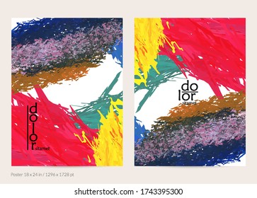 Abstract vector poster template with colorful feather layered shapes. Bright multicolored dimensional background. Brush stroke watercolor digital paint imitation. Rainbow scribble artistic card.